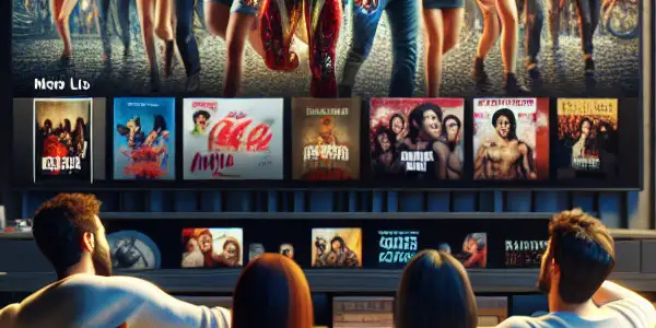 A cozy living room with friends enjoying a movie on a large screen, surrounded by snacks and movie memorabilia.