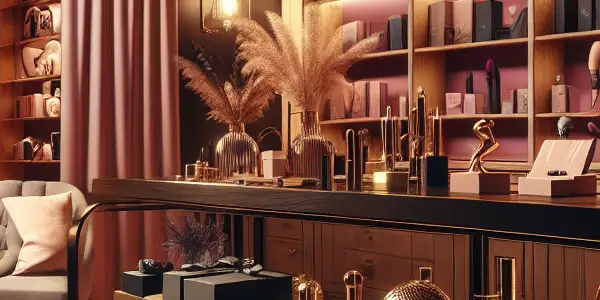 A cozy adult products store with warm lighting, diverse customers browsing, and an inviting, private atmosphere.