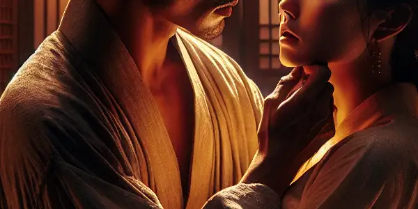 A dimly lit bedroom with two characters in a passionate embrace, conveying desire and vulnerability amidst traditional Korean decor.