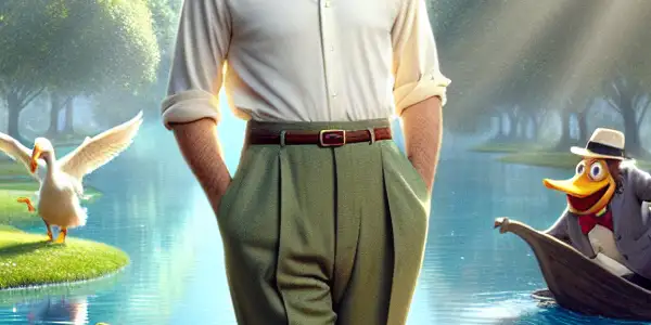 A cheerful man interacts with quirky ducks in a sunlit park, preparing to confront a cartoonish villain.