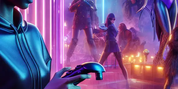 A player immersed in a futuristic virtual reality game, surrounded by interactive characters and a vibrant, high-tech environment.