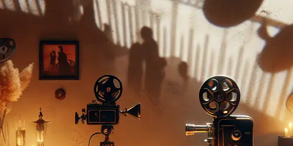 A cozy living room with a vintage projector, film reels, and romantic decor, perfect for a movie night.