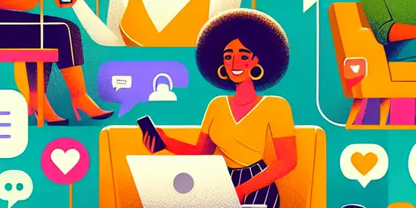 A diverse group of adults engaging in social activities on an online dating platform in a cozy home environment.