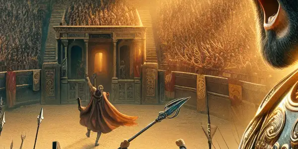 A fierce gladiator prepares for battle in a grand Roman arena, surrounded by a roaring crowd and ancient architecture.