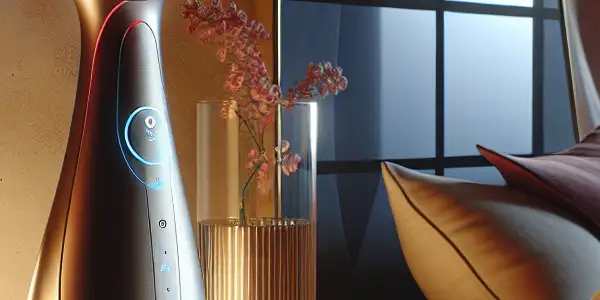 A sleek, futuristic smart vibrator on a minimalist bedside table in a romantic bedroom setting.