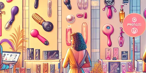 A contemporary adult toy shop with diverse customers, showcasing a stylish atmosphere and emphasis on privacy and comfort.