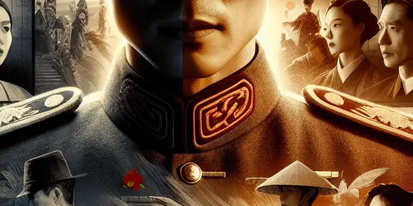 Cinematic poster featuring Huang Xiaoming in a heroic pose, surrounded by iconic scenes from his films.