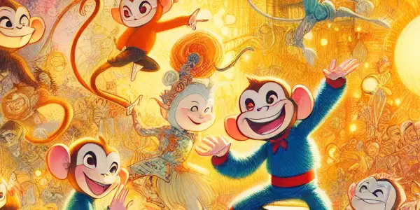 A vibrant 1950s Shanghai animation studio filled with iconic characters, artistic tools, and elements of traditional Chinese culture.