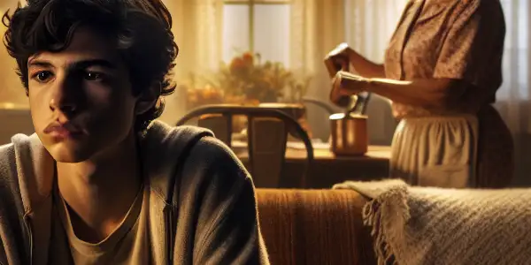 A teenage boy contemplates in a cozy living room while a woman prepares tea, embodying warmth and nostalgia.