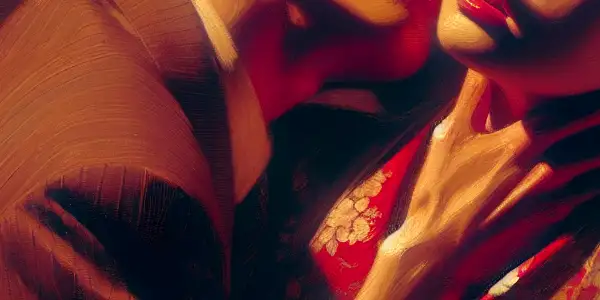 Intimate scene of passionate characters embracing, infused with traditional Japanese motifs and themes of love and societal critique.