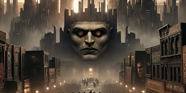 A tense confrontation between rival factions in a shadowy, dystopian cityscape at dusk.