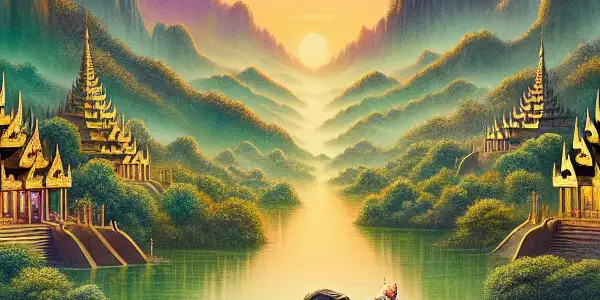 A romantic movie poster titled "Eternal Love," featuring characters in traditional Burmese attire against a lush Myanmar landscape.