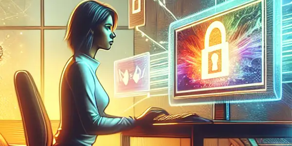 A confident individual using a computer in a sleek office, surrounded by digital media and symbols of online safety.