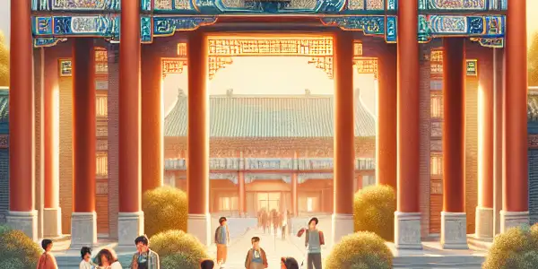 A lively Beijing Film Academy scene with students practicing acting, filming, and discussing storyboards amidst lush greenery.