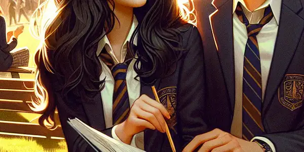 A cheerful girl and a reserved boy share a candid moment in a vibrant high school courtyard during autumn.