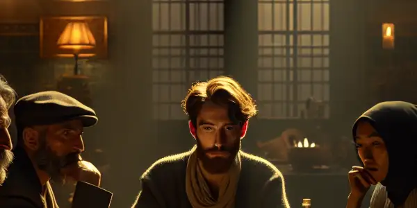 A dimly lit reunion party with five friends, revealing tension and complex emotions through their expressions and interactions.