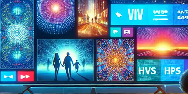 A cozy living room with a couple watching a modern TV, surrounded by tech-savvy elements promoting safe online viewing.