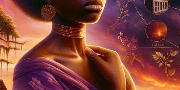 A strong Black woman stands in cotton fields at sunset, symbolizing resilience and hope against a backdrop of hardship.