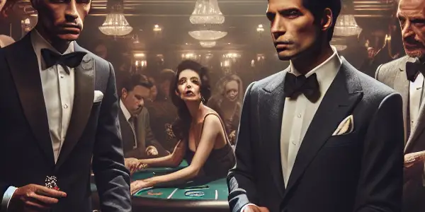 A tense casino scene with diverse gamblers engaged in a high-stakes poker game, surrounded by opulent decor.