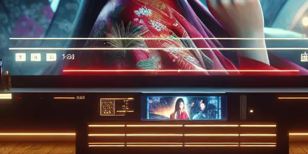 A cozy, modern living room with a person enjoying a Japanese AV movie on a large screen.