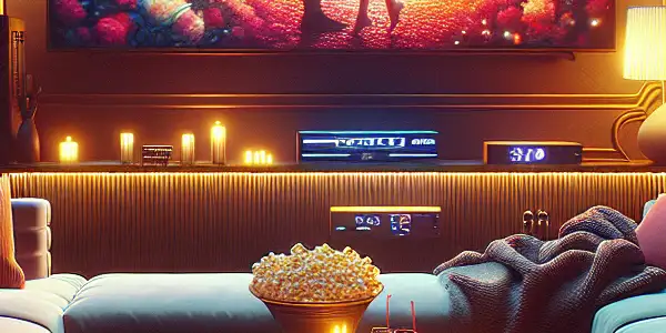 A cozy living room with a large screen displaying a romantic Japanese film, popcorn, and drinks.