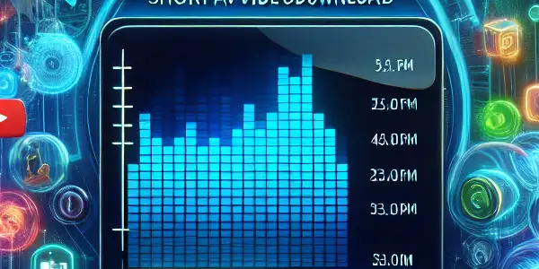 A futuristic computer interface showcasing a video download progress bar, VPN shield, and vibrant video-related graphics.