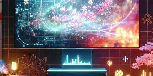 A modern room featuring a large screen with abstract hints of Japanese AV culture, cozy decor, and vibrant lighting.