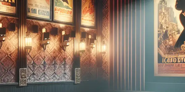 A nostalgic movie theater scene with vintage film posters, plush seating, and a classic film silhouette on screen.