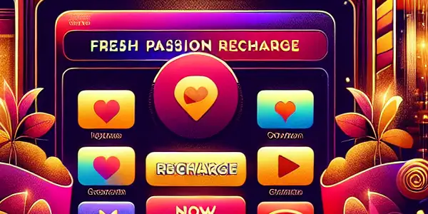 A modern digital interface displaying vibrant adult film thumbnails and a "Recharge Now" option, evoking excitement and allure.