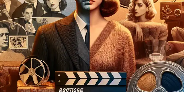 A nostalgic scene blending vintage Japanese adult film elements with modern stars in a cozy, intimate setting.