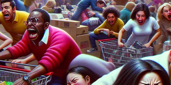 A chaotic Black Friday shopping scene with diverse shoppers scrambling for deals amidst vibrant decorations and humorous expressions.