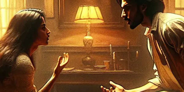 A tense conversation between two friends in a dimly lit room, reflecting vulnerability and unresolved emotions.