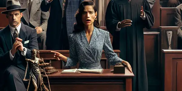 A tense courtroom scene featuring a passionate lawyer, a stoic judge, and an emotional jury amidst dramatic lighting.