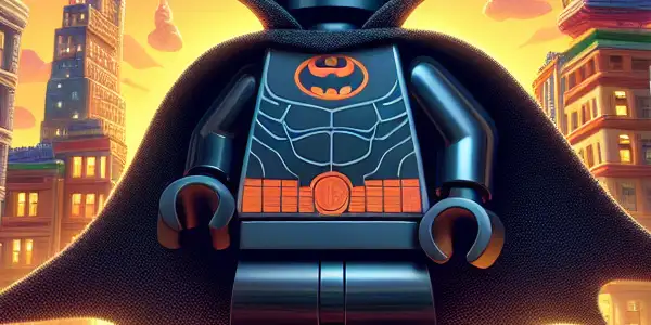 LEGO Batman stands atop a skyscraper in Gotham City, surrounded by LEGO characters like Robin and the Joker at sunset.