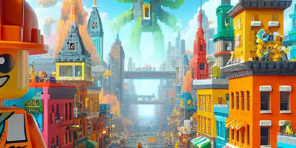 A vibrant LEGO city scene featuring Emmet, Lucy, and Rex amidst playful alien invaders and lively characters.