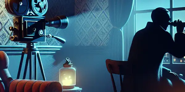 A shadowy figure observes a neighbor through binoculars in a vintage apartment, evoking themes of voyeurism and suspense.