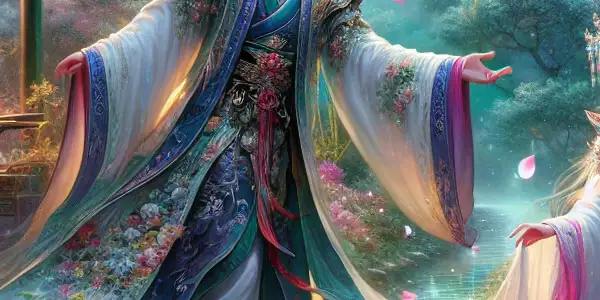 A romantic encounter between Du Liniang and Liu Mengmei in a lush, traditional Chinese garden.