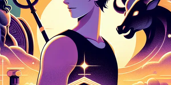 Percy Jackson stands confidently in a mythological landscape, surrounded by Greek symbols and mythical creatures against a vibrant sunset.