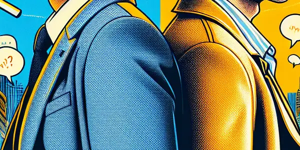 A serious detective and a playful partner stand back to back in a vibrant cityscape, hinting at action and comedy.