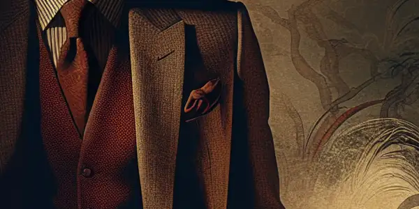 A charismatic male protagonist in a dimly lit room, exuding confidence amidst hints of romance and intrigue.