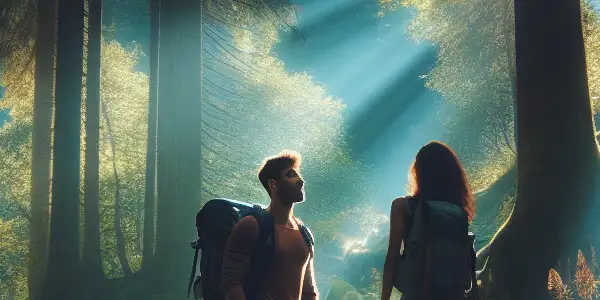 A couple shares a romantic moment in a vibrant forest, surrounded by nature's beauty and adventure.