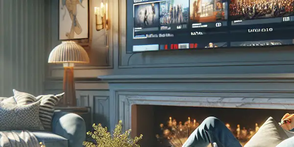 A cozy living room with a person watching adult content on a large TV, surrounded by soft lighting and modern decor.