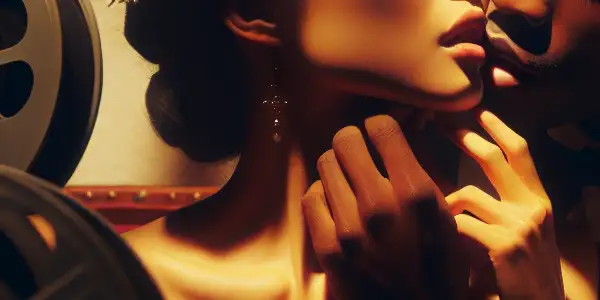 A passionate couple embraces in a dimly lit room, hinting at forbidden romance and secrets.