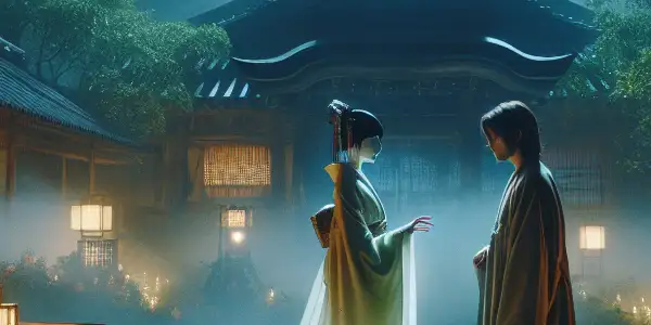 A serene moonlit temple scene featuring a monk encountering a captivating female spirit amidst lush foliage.