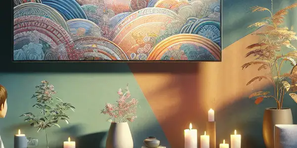 A cozy, tranquil room with a person relaxing on a sofa, enjoying abstract visuals and self-care elements.