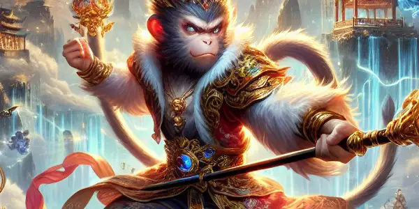 Sun Wukong confronts celestial beings in a mystical landscape filled with swirling clouds and vibrant energy.