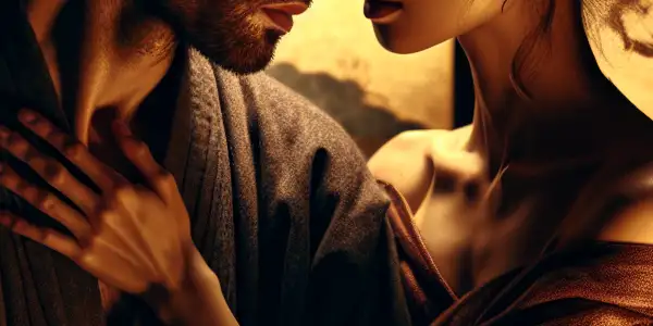 A couple embraces in a dimly lit, romantic setting, surrounded by rose petals and soft candlelight.