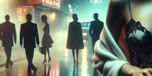 A sultry urban nighttime scene featuring a mysterious woman in provocative attire, reflecting allure and emotional turmoil.