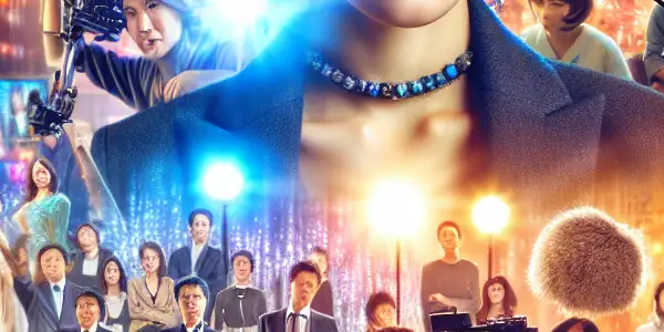 A vibrant film studio scene featuring a confident actress and a diverse crew, capturing the energy of adult film production.