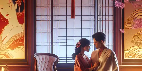 A luxurious bedroom scene with two elegantly dressed individuals sharing a tender, intimate moment amidst romantic decor and cherry blossoms.